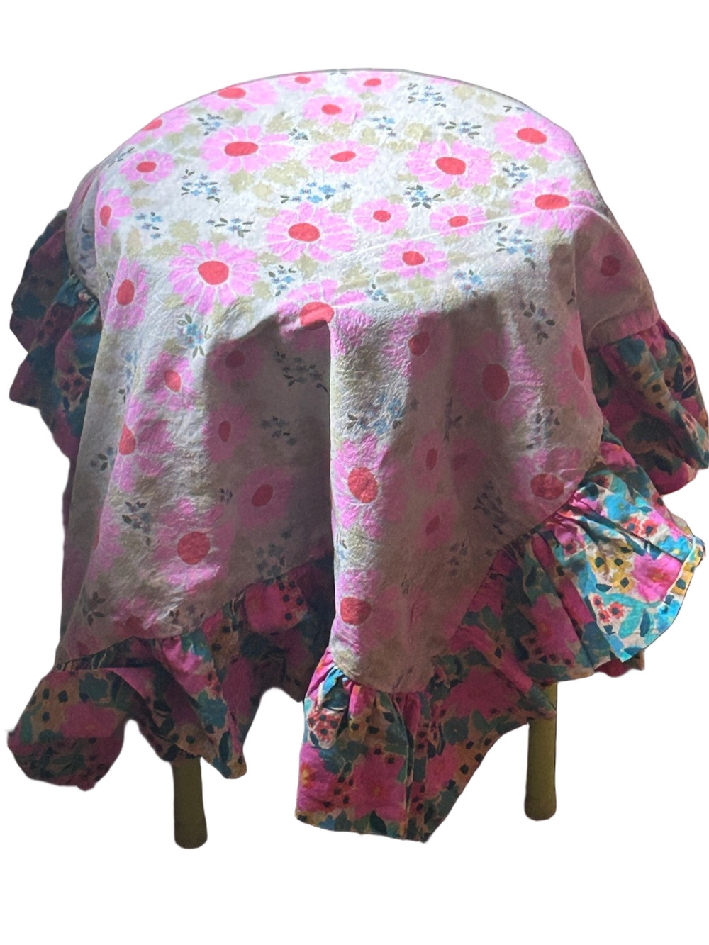 Bohemian Mini Table + 2 Side Mini Floral Tan / Aqua Ruffled Table Throw Set of 2